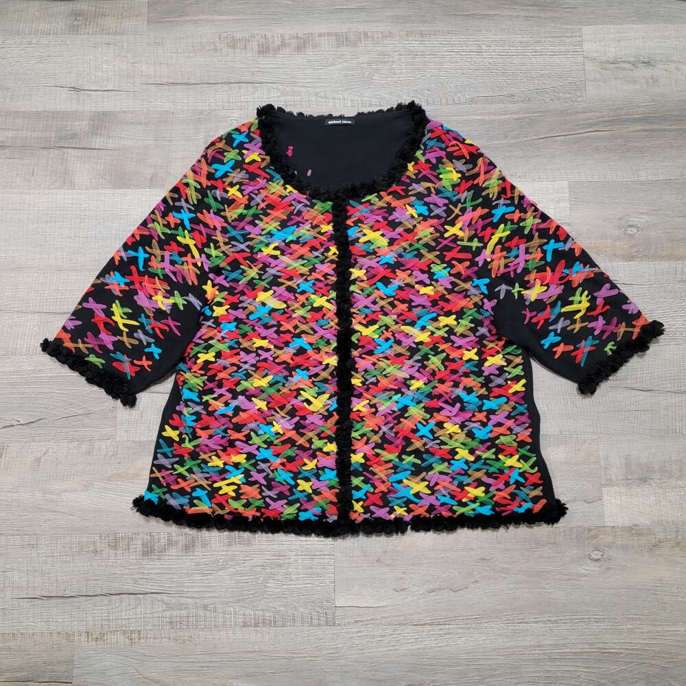 Michael Simon 3X Ribbon Art Multicolor Cardigan Sweater Tulle Ruffle Button Up